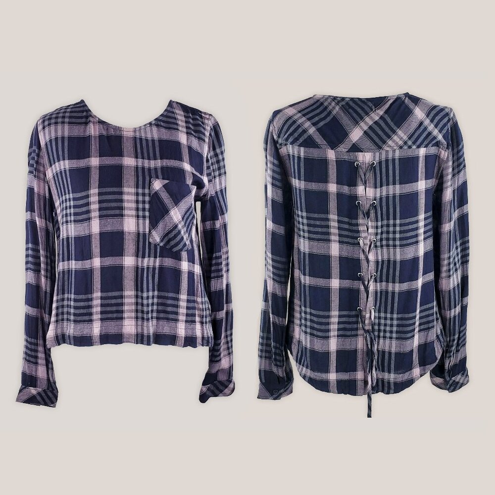 CLOTH & STONE Purple & Black Plaid Top Blouse | Tie up Lace Up Corset Back